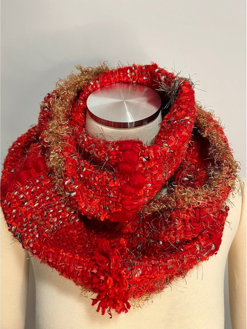 Woven on the Loom Chunky Knit Cowl Scarf: Red Merino Wool, Crochet Trim
